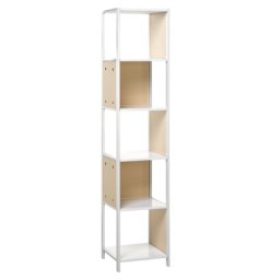 Bücherregal Weiß Heller Holzfarbton MDF Platte Pulverbeschichtetes Metall 165 x 35 x 5 cm Modern Trendy 5 Fächer Viel Stauraum Wohnzimmer