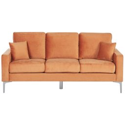 Sofa Orange Samtstoff 3-Sitzer dicke Polsterung mit 2 Dekokissen Metallfüßen freistehend für Wohnzimmer Salon Flur Diele
