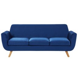 Sofa Marineblau 3-Sitzer aus Gummibaumholz/ mit Samtstoffbezug Beine aus hellem Holz mit Armlehnen Wohnzimmersofa Retro Modernes Design