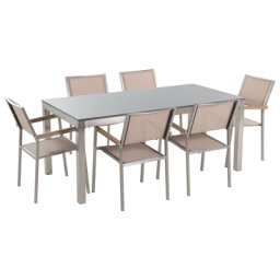 Gartenmöbel Set Beige Grau Granit Edelstahl Tisch 180 cm Poliert 6 Stühle Terrasse Outdoor Modern