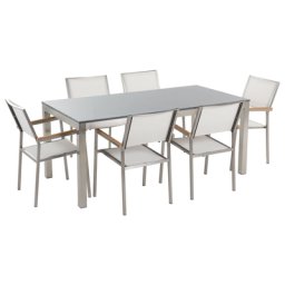 Gartenmöbel Set Grau Weiß Granit Edelstahl Tisch 180 cm Poliert 6 Stühle Terrasse Outdoor Modern