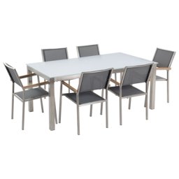 Gartenmöbel Set Grau Granit Edelstahl Tisch 180 cm Poliert 6 Stühle Terrasse Outdoor Modern