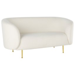 Sofa Weiß Bouclé Polsterbezug mit Armlehnen Metallgestell in Gold Glamouröser Edler Stil Wohnzimmer Salon Esszimmer Flur