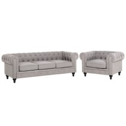 Sofa Set Hellgrau Polsterbezug Sitzgruppe Chesterfield Stil Glamourös Wohnzimmer