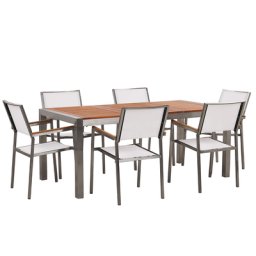Gartenmöbel Set Eukalyptusholz Edelstahl Tisch 180 cm 6 Stühle Weiß Terrasse Outdoor Modern Garten Terrasse
