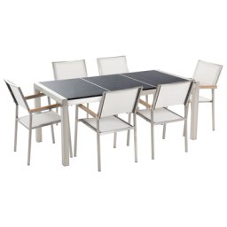 Gartenmöbel Set Schwarz Weiß Granit Edelstahl Tisch 180 cm Poliert 6 Stühle Terrasse Outdoor Modern