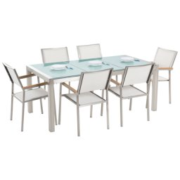 Gartenmöbel Set Weiß / Silber Sicherheitsglas Edelstahl Tisch 180 cm 6 Stühle Terrasse Outdoor Modern