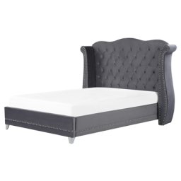 Bett Grau Samtstoff 160 x 200 cm hohes Kopfteil mit Knopfheftung Nieten Chesterfield Stil Glamour Doppelbett Königsbett Ehebett Schlafzimmer
