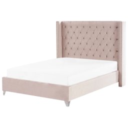 Polsterbett Rosa Lattenrost 140 x 200 cm Hohe Kopfteil Metallverzierung Retro Modern