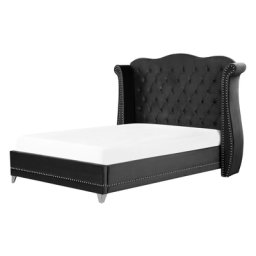 Bett Schwarz Samtstoff 140 x 200 cm hohes Kopfteil mit Knopfheftung Nieten Chesterfield Stil Glamour Doppelbett Königsbett Ehebett Schlafzimmer