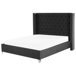 Polsterbett Schwarz Samtstoff mit Lattenrost 180 x 200 cm Hohe Kopfteil Metallverzierung Retro Modernes Design