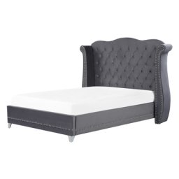 Bett Grau Samtstoff 140 x 200 cm hohes Kopfteil mit Knopfheftung Nieten Chesterfield Stil Glamour Doppelbett Königsbett Ehebett Schlafzimmer