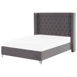 Polsterbett Grau Samtstoff mit Lattenrost 140 x 200 cm Hohe Kopfteil Metallverzierung Retro Modernes Design