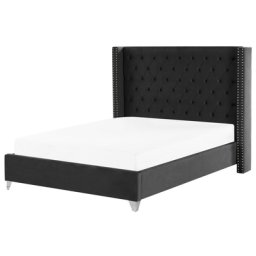 Polsterbett Schwarz Samtstoff mit Lattenrost 160 x 200 cm Hohe Kopfteil Metallverzierung Retro Modernes Design