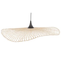Hängeleuchte heller Holzfarbton 130 cm aus Bambusholz/ Metall mit gebogenem Lampenschirm für Wohnzimmer Esszimmer Modernes Design