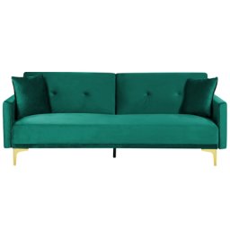Sofa Grün Samtstoff 3-Sitzer Schlaffunktion Klassisch Glamour Zwei Zierkissen Wohnzimmer