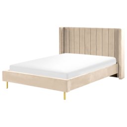 Polsterbett Beige 140 x 200 cm Samtstoff Mit Lattenrost Glamour Doppelbett Königsbett Ehebett Schlafzimmer Elegant Modern