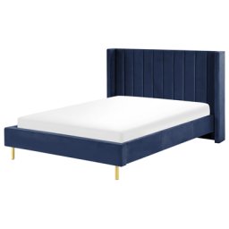 Polsterbett Marineblau 140 x 200 cm Samtstoff Mit Lattenrost Glamour Doppelbett Königsbett Ehebett Schlafzimmer Elegant Modern