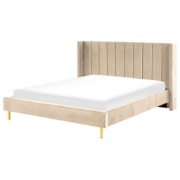 Polsterbett Beige 180 x 200 cm Samtstoff Mit Lattenrost Glamour Doppelbett Königsbett Ehebett Schlafzimmer Elegant Modern