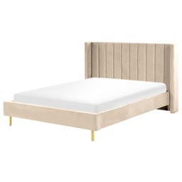 Polsterbett Beige 160 x 200 cm Samtstoff Mit Lattenrost Glamour Doppelbett Königsbett Ehebett Schlafzimmer Elegant Modern