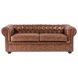 Sofa Hellbraun Kunstleder 3-Sitzer Chesterfield Stil Glamourös Wohnzimmer