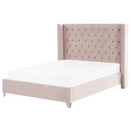 Polsterbett Rosa Lattenrost 160 x 200 cm Hohe Kopfteil Metallverzierung Retro Modern