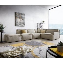 DELIFE Ecksofa Basit 380x225 cm Chenille Beige Ottomane rechts mit Hocker, Ecksofas