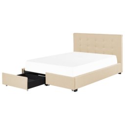 Polsterbett Beige Leinenoptik 160 x 200 cm mit Bettkasten Stauraum Modern Elegant Glamourös Gepolstertes Bett für Schlafzimmer