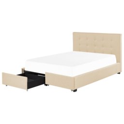 Polsterbett Beige Leinenoptik 140 x 200 cm mit Bettkasten Stauraum Modern Elegant Glamourös Gepolstertes Bett für Schlafzimmer