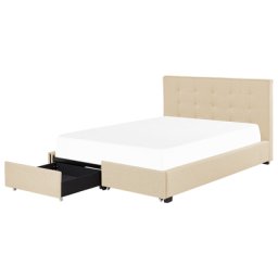 Polsterbett Beige Leinenoptik 180 x 200 cm mit Bettkasten Stauraum Modern Elegant Glamourös Gepolstertes Bett für Schlafzimmer