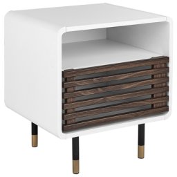 Nachttisch Weiß mit Tür in dunkler Holzfarbton Faserplatte Pulverbeschichtetes Metall Rustikal Retro Holzoptik 2 Fachböden Schlafzimmer