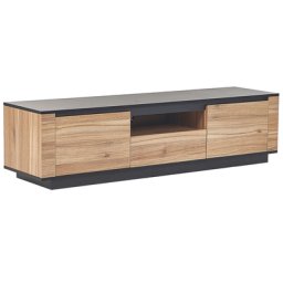 TV-Möbel Holzoptik und Schwarz MDF Platte 152 x 40 cm Hochglanz Niedrig mit Stauraum 1 Schublade 2 Türen 1 Regal Modern Minimalistisch Wohnraum