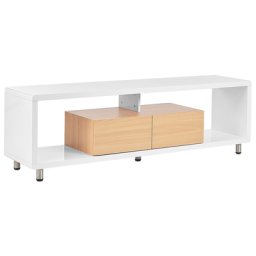 TV-Möbel Weiß MDF Platte 159 x 39 cm Hochglanz Niedrig mit Stauraum 2 Schubladen 2 Regalen Offen Modern Minimalistisch Aufbewahrung Wohnzimmer