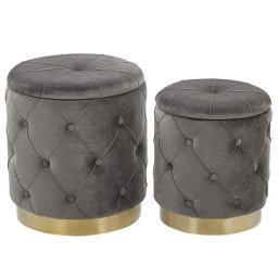 Pouf 2er Set Grau aus Samtstoff gesteppt mit Stauraum und goldener Unterteil runde Form Wohnzimmer Schlafzimmer Flur Modern