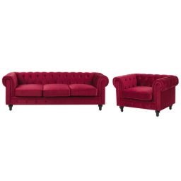 Sofa Set Dunkelrot Samtstoff Sizgruppe Chesterfield Stil Glamourös Wohnzimmer Salon