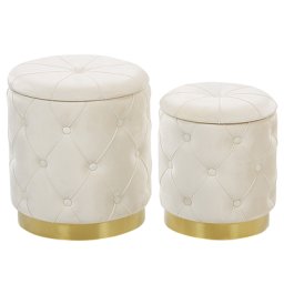 Pouf 2er Set Weiß aus Samtstoff gesteppt mit Stauraum und goldener Unterteil runde Form Wohnzimmer Schlafzimmer Flur Modern