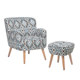 Sessel Schwarz/Weiß Polsterbezug Gummibaumholz Mit Hocker Orientlisches Motiv Wohnzimmer Salon