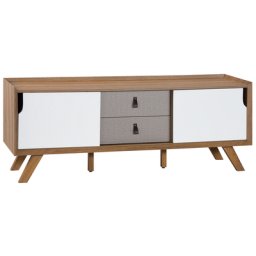 TV Möbel Weiß Heller Holzfarbton MDF Platte Kiefernholz Kunstleder 56 x 147 x 42 cm Modern Elegant Multifunktional 2 Schubladen Wohnzimmer