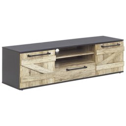 TV-Möbel Lowboard Heller Holzfarbton/ Schwarz aus Holzspanplatte/ Metallgriffen mit Stauraum und 1 Schublade Wohnzimmer Modernes Design
