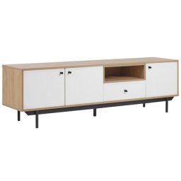 TV-Möbel Hellbraun und Weiß Faserplatte Holzoptik mit Metallgestell Schublade 3 Türen Fach Wohn- und Schlafzimmer Flur Salon Möbel