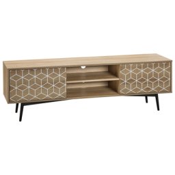 TV Möbel Heller Holzfarbton MDF Platte Stahl 50 x 160 x 40 cm Retro Elegant Weißes Geometrisches Muster Multifunktional Wohnzimmer