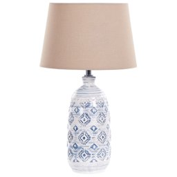 Tischlampe Weiß / Blau Keramik 45 cm mit beigem Schirm langes Kabel mit Schalter Wohnzimmer Medernes Design