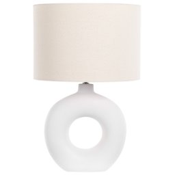 Tischlampe Weiß Keramik 58 cm mit beigem Schirm langes Kabel mit Schalter Wohnzimmer Medernes Design