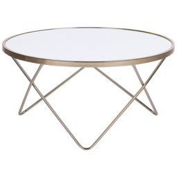 Couchtisch Weiß mit Gold Sicherheitsglas Metall 40 x 80 cm V förmigen Füße Glänzend Universell Rund Modern