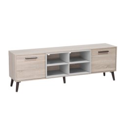 TV Möbel Hellbraun Grau Spanplatte Gummibaumholz 60 x 180 x 40 cm Modern Elegant Praktisch Multifunktional 2 Schränke Wohnzimmer