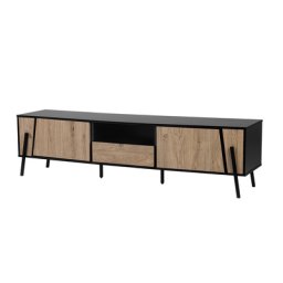 TV Möbel Heller Holzfarbton Schwarz Spanplatte Pulverbeschichtetes Metall 46 x 177 x 40 cm Modern Elegant Multifunktional Stauraum Wohnzimmer