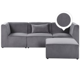 Sofa mit Ottomane Grau Polsterbezug aus Cord mit Armlehnen Kissen 3-Sitzer Modulsofa Wohnzimmermöbel Modern Wohnzimmer Salon Wohnecke Sitzecke