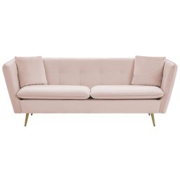 Sofa Rosa Samtstoff 3-Sitzer mit 2 Zierkissen Metallbeine in Gold Polsterbezug Glamouröser Stil Wohnzimmermöbel