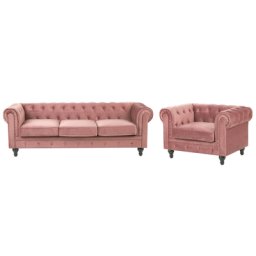 Sofa Set Rosa Samtstoff Sizgruppe Chesterfield Stil Glamourös Wohnzimmer Salon