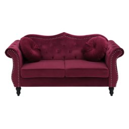 Sofa Dunkelrot Samtstoff 2-Sitzer Chesterfield Stil Retro Zierkissen Wohnzimmer